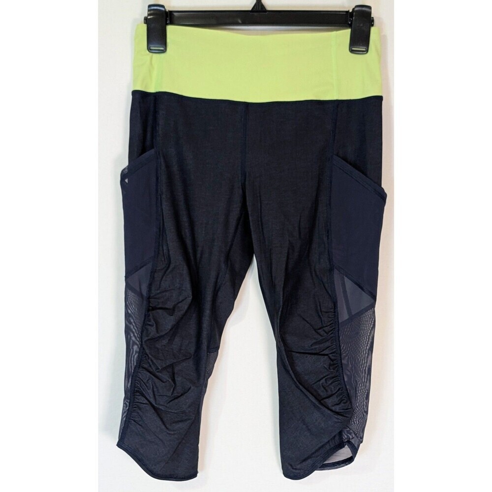 Lululemon Run: Inspire Crop Heathered Black Lime Green Accent Leggings 6